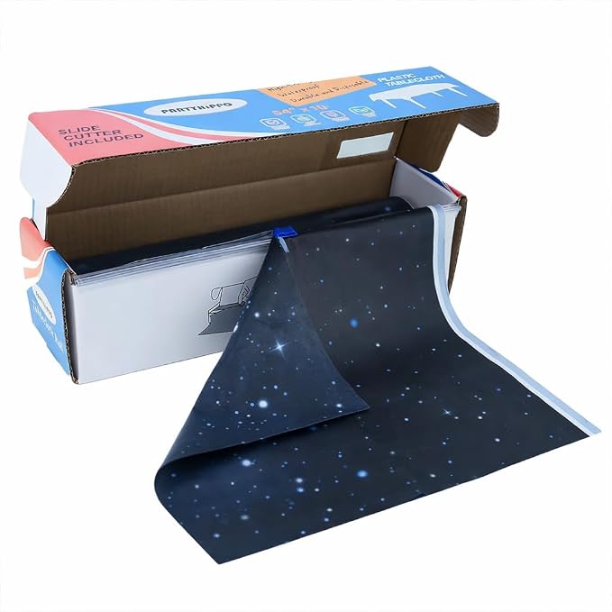 Disposable Tablecloth Roll 54" x 100' with Built-in Cutter Box – Heavy Duty Waterproof, Wrinkle-Resistant Plastic Table Cover – Cut to Size for Rectangle, Round & Oval Tables – Starry Sky