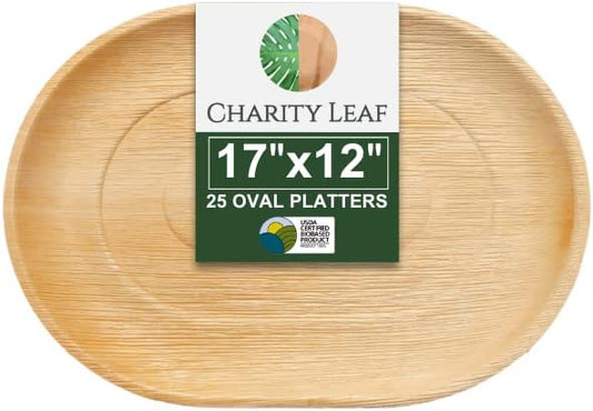 Charity Leaf Disposable Palm Leaf 17" x 12" Trays (25 pieces) Bamboo Like Serving Platters, Disposable Boards, Eco-Friendly Dinnerware For Weddings, Catering, Events