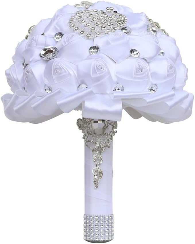 White Bridal Bouquet with Luxury Bling Rhinestone Brooch Wedding Bouquet for Bride Bridesmaid Quinceanera Satin Rose Flower Bouquet Wedding White 9.5in