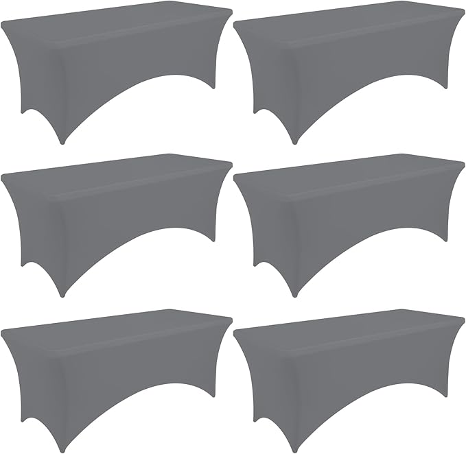 Moosfor Spandex Elastic Fitted 8FT Rectangle Tablecloth 6 Pack, Stretch Washable Reusable Table Cover for Outdoor Picnic, Dining, Wedding, Banquet & Party Events (Grey, 96Lx30Wx30H Inch)