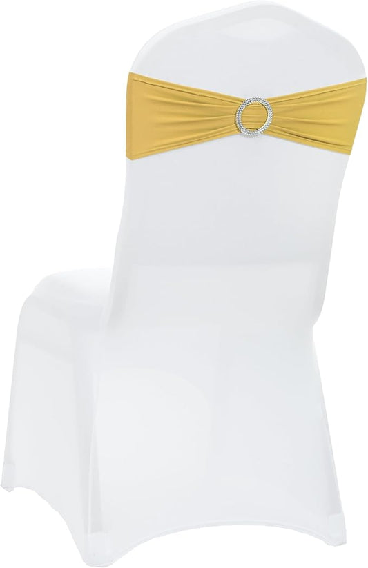 VDS - Gold | Spandex Chair Sashes Bows | 300 PCS | Stretch Elastic Banquet Universal Folding Chair Band Tie with Silver Buckle Slider for Wedding Party Conference Celebration Event Decoration
