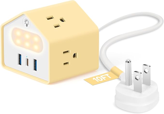 Handy Power Strip with Night Light - Yolk-Yellow Power StripOverload Protection Plug- 20W USB C Charging Station - 4 Outlets + 3 USB Ports for Desk, Nightstand, Couch, Makeup, Electronic Accessories