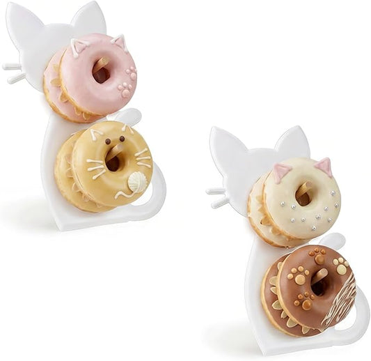 2 Pack Set White Cat Donut Display Stand, Metal Construction with Wooden Pegs, 13.6x8.3 Inch, Decorative Holder for 12 Donuts Bagel Holder for Party, Dessert Table,Birthday, Wedding, Baby Shower, Bridal Showers,Party Supplies