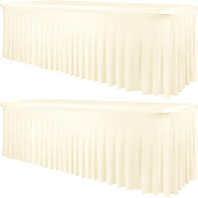 2 Packs Ivory Stretch Table Skirts for 8 Foot Rectangle Table, Washable Spandex Stretch Tablecloths with Skirt, Wrinkle Resistant Fitted Tablecover for Wedding Party Banquet