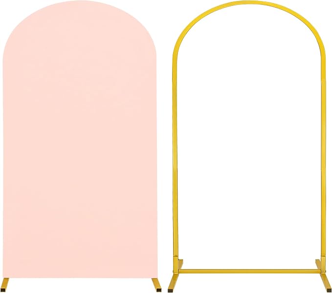 Metal Arch Stand and Cover Set,1 Light Pink Spandex Fitted Backdrop with 1 Gold Wedding Arched Stand Frame for Parties Birthday Baby Shower Bridal Banquet Decoration (7.2FT)