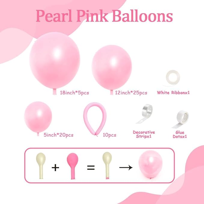 Pearl Pink Balloon Arch Double Stuffed Pearl Hot Baby Pink Balloon Garland Kit with Long Balloons Different Size for Birthday Wedding Baby Shower Bridal Anniversary Decoration