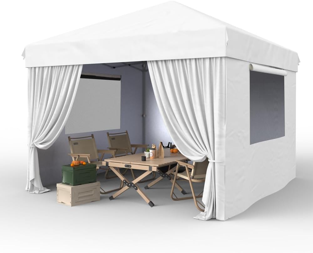 GarveeLife 10 ft x10 ft Pop Up Canopy Tent with 4Pcs Sidewalls, Portable Instant Commercial Canopy with 4 Stakes, 4 Ropes, 4 Sandbags for Farmers' Market, Patio, Outdoor, Camping, White