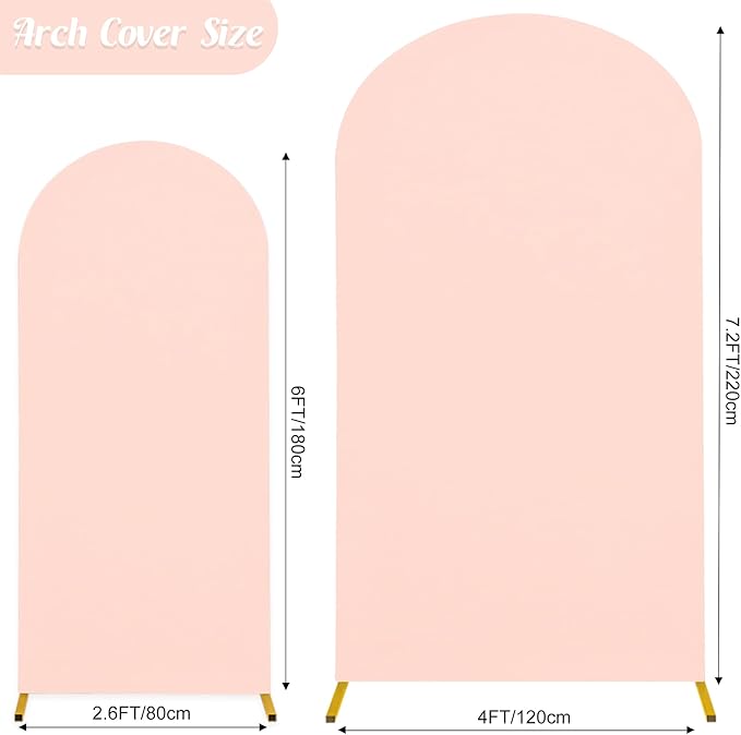 Set of 2 Wedding Arch Cover 2-Sided Round Top Spandex Fitted Arch Backdrop Cover for Birthday Party Baby Shower Wedding Arch Stand Decor（7.2FT, 6FT, Light Pink）