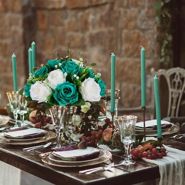 BLOSMON Flower Ball Centerpieces for Wedding: 10 Pcs Teal White Fake Roses Flowers Artificial for Table - Silk Kissing Bouquet Floral Arrangement Center for Home Party Event Decor | Artificial Floral Arrangement for Table - Faux Silk Kissing Bouquet wi...