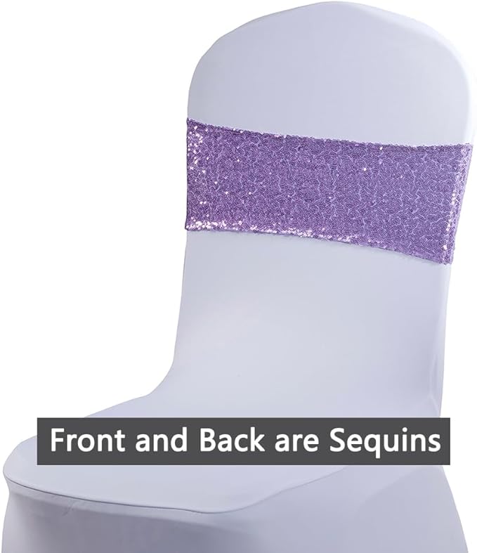 Pack of 50 Sequin Lavender Chair Sashes Bands with Buckles, All Around Sequins Chairs Bows for Party Wedding Fiesta Engagement Banquet Bridal Shower Anniversary Decor Glitter Chairs Ties