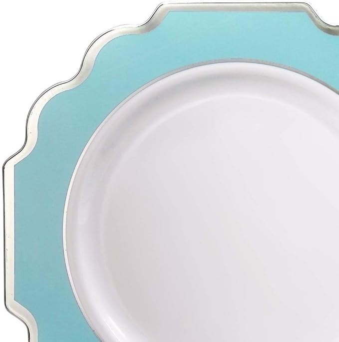 " OCCASIONS " 50 Plates Pack (25 Guests)-Heavyweight Wedding Party Disposable Plastic Plate Set -(25x10.5'' Dinner + 25x8'' Salad/dessert (Imperial Aqua & Silver)