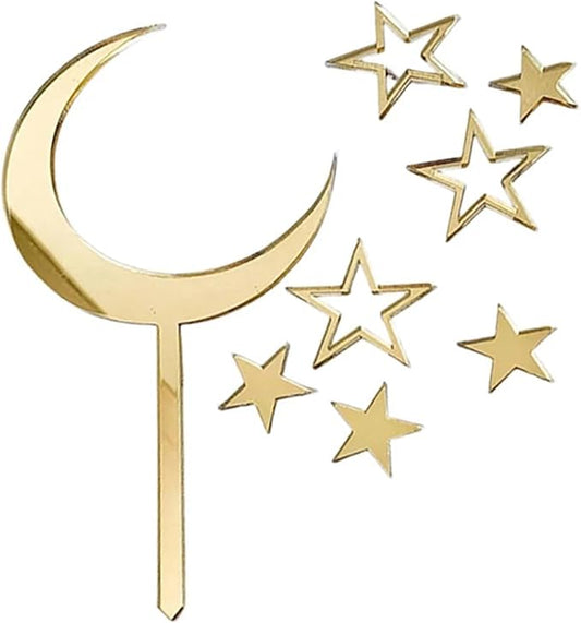 14sets Moon Star Cake Toppers Gold Acrylic Wedding Birthday Party Cake Decorations For Ramadan Mubarak Kareem Muslim Baking Supplies