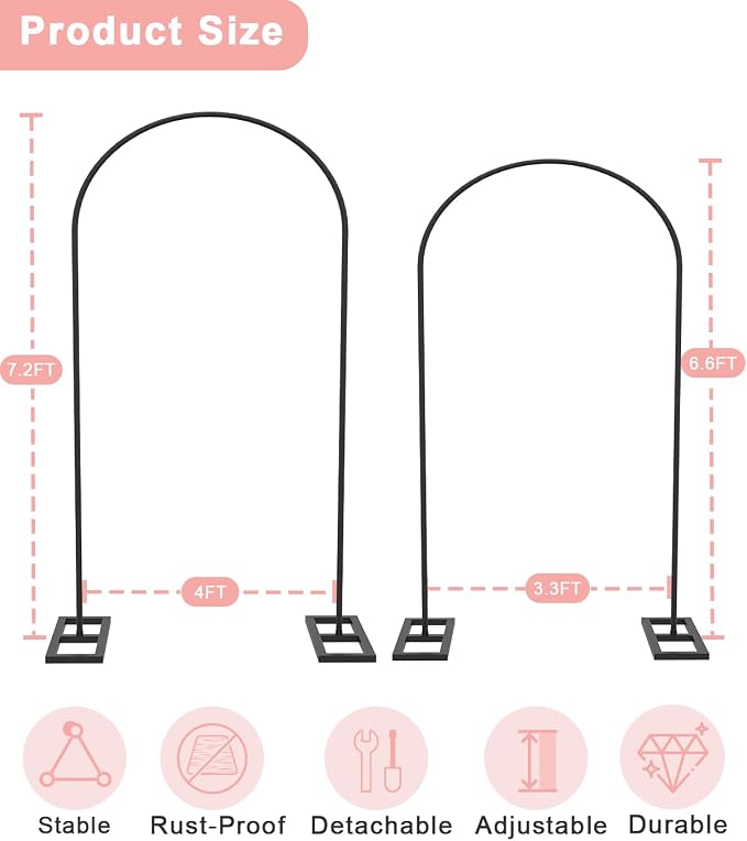 Queension 7.2FT & 6.6FT Arch Backdrop Stand, Metal Wedding Arch Stand for Ceremony, Backdrop Stand Arch Frame with Base for Birthday Party Baby Shower Balloon Arch Decorations, Black