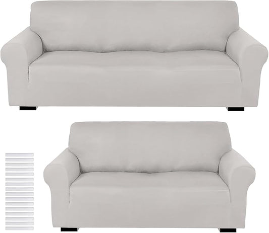 Peryiter 2 Pcs Sofa Covers Couch and Loveseat Covers Set Stretch Sofa Slipcover for Living Room Armchair Furniture Protector, Wrinkle Proof (Silver Gray,Milk Silk)