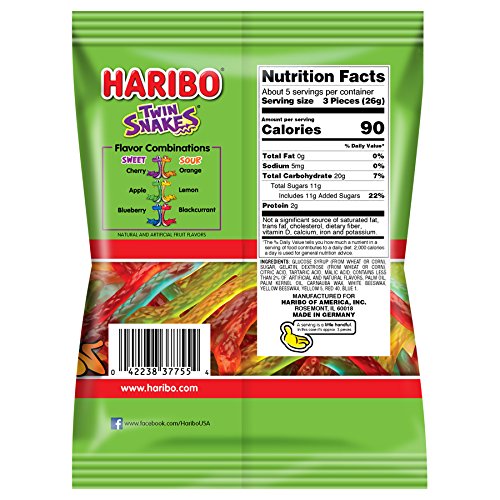 HARIBO Gummi Candy, Twin Snakes Sweet & Sour Gummy Candy, 5 Ounce Share Size Bags (Pack of 12) Delicious Soft & Chewy Snacks, Assorted Fruity Flavors