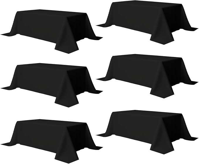 90x156 Table Cloth - 6 Pack Rectangular White Washable Stain and Wrinkle Resistant Polyester Table Cover for Dining Tables, Various Parties and Camping (Black)