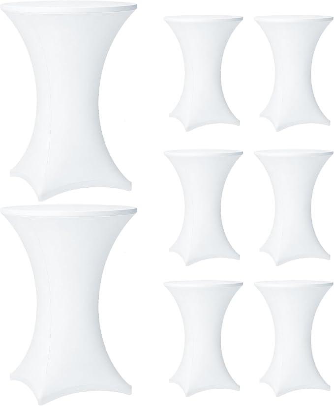 Cocktail Table Covers - 8 Pack 32x43 Inch Table Cloth - White Fitted Stretch Spandex Round High Top Tablecloth for Party, Bar, Birthday, Pub, Banquet