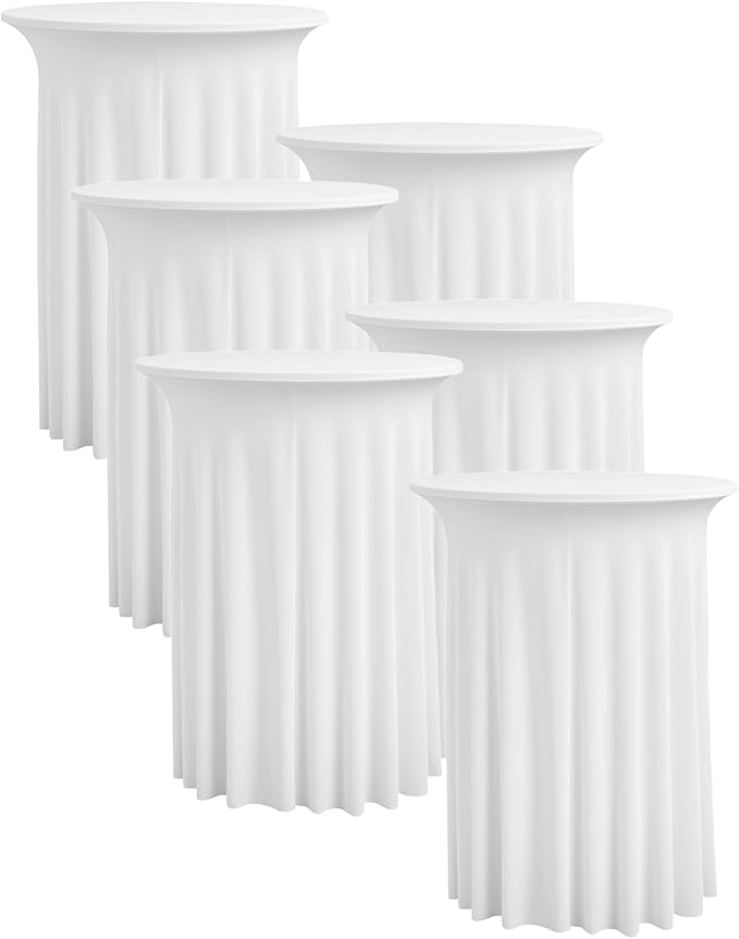 6 pk White Cocktail Table Cloth Round 32×43in-High Top Highboy Bar Cocktail Tablecloths-Wrinkle Free Stretchy Fitted Spandex Table Covers with Ruffle Desk Skirt for Wedding Banquet Party Tables