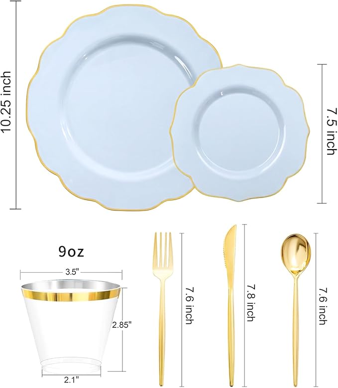 bUCLA 180PCS Blue Plastic Plates - Disposable Light Blue with Gold Rim - Include 30 Each (Dinner & Salad) Plates, 30 Knives, 30 Forks, 30 Spoons, 30 Cups for Party, Party, Birthday & Shower