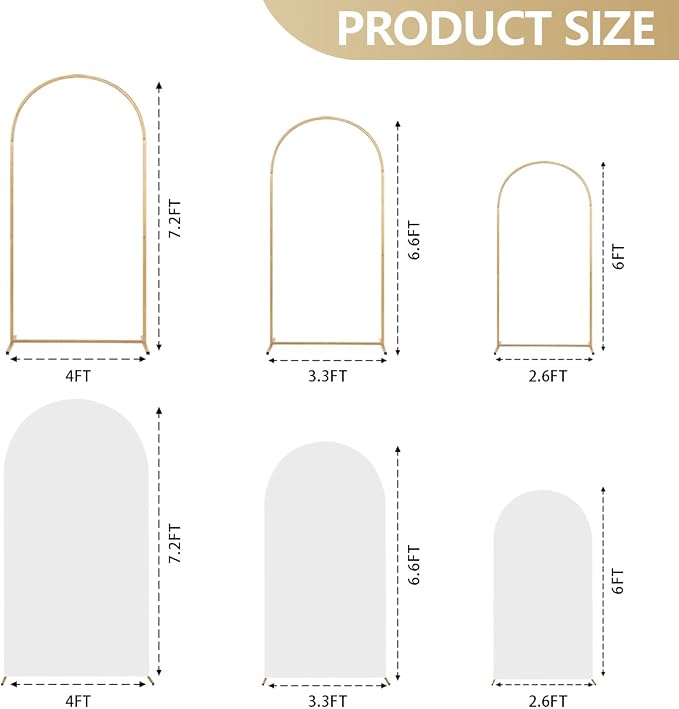 SuuWoee Arch Backdrop Stand Set of 3 With Cover (7.2FT+6FT+5FT),Gold Metal Wedding Arch Balloon Stand With Cover for Birthday Party Baby Shower Graduation Ceremony Decoration