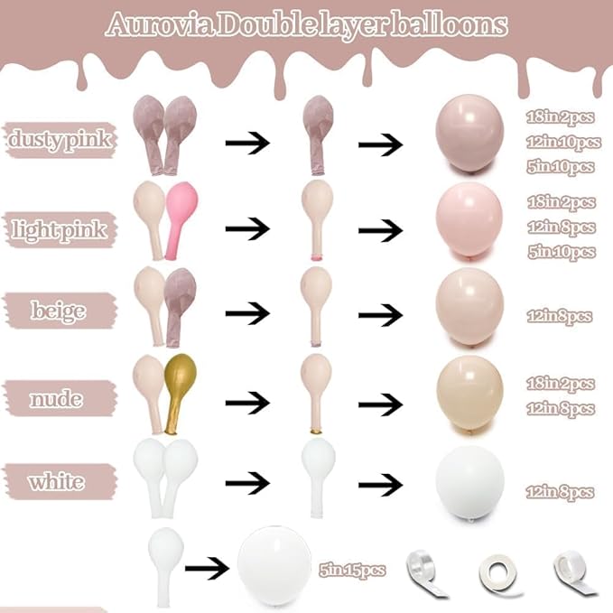 Dusty Pink White Balloon Garland Double Stuffed Baby Pink Nude Beige Balloons Cream Balloon Arch Kit for Boho Baby Shower Birthday Christening Bridal Wedding Mother's Day Party Decorations