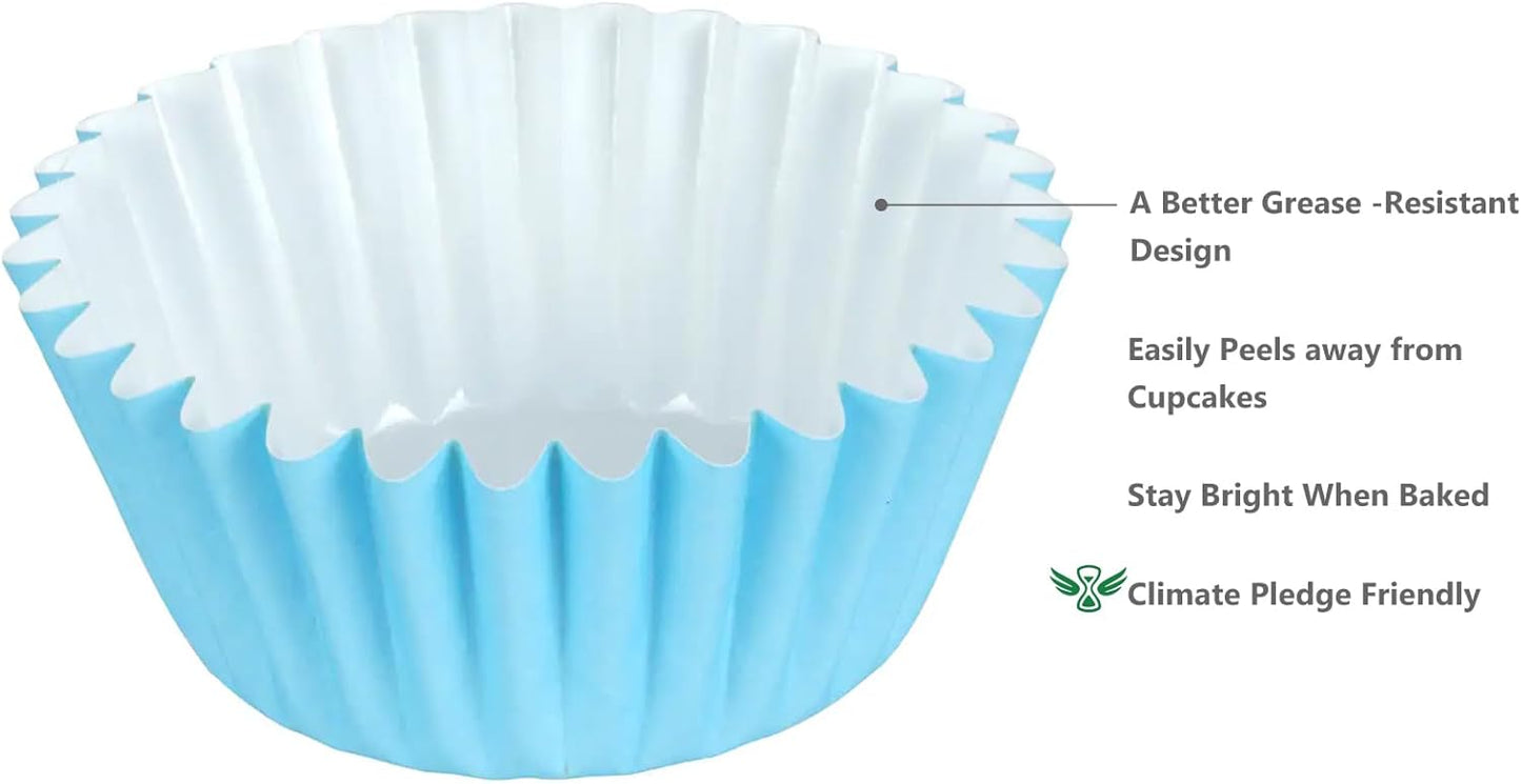 Caperci Grease-Resistant Standard Blue Cupcake Liners 150 Counts - Heavy Duty Paper Muffin Baking Cups, Odorless, No Muffin Pan Needed, Easily Peels (Light Blue)