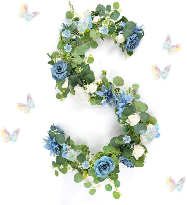 Eucalyptus Garland with Flowers - 1 Pack 5.9 FT Artificial Flower Garland with Butterflies Faux Rose Greenery Garlands for Backdrop Wedding Arch Centerpieces Decorations - Dusty Blue & White