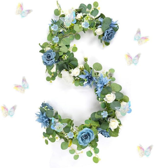 Eucalyptus Garland with Flowers - 1 Pack 5.9 FT Artificial Flower Garland with Butterflies Faux Rose Greenery Garlands for Backdrop Wedding Arch Centerpieces Decorations - Dusty Blue & White