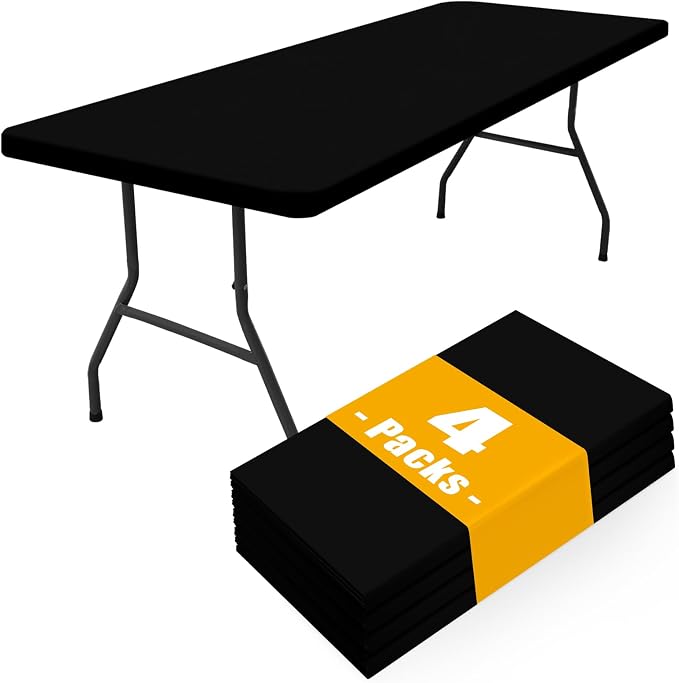 Smiry 4 Pack Rectangle Picnic Table Cloth, Waterproof Elastic Fitted Tablecloths, Washable Polyester Rectangular Patio Table Cover for Camping, Indoor and Outdoor (Black, 36"x96")