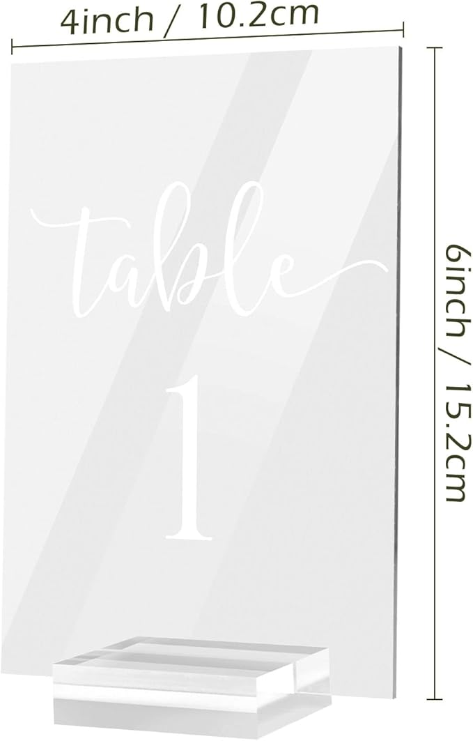 JINMURY Acrylic Wedding Table Numbers 1-25 with Stand- 4x6 Inch Clear Signs Printed Calligraphy Font, Clear Acrylic Table Numbers with Holder for Wedding Party Reception