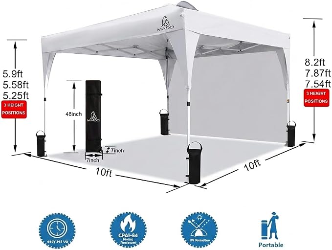 MAOO 10x10 Pop Up Canopy Tent with Sidewall, Easy Setup Instant Outdoor Canopy, 210D Silver Coated Waterproof UPF 50+ Sun Shade Shelter, Heavy Duty Steel Frame, Roller Bag,Khaki (White)