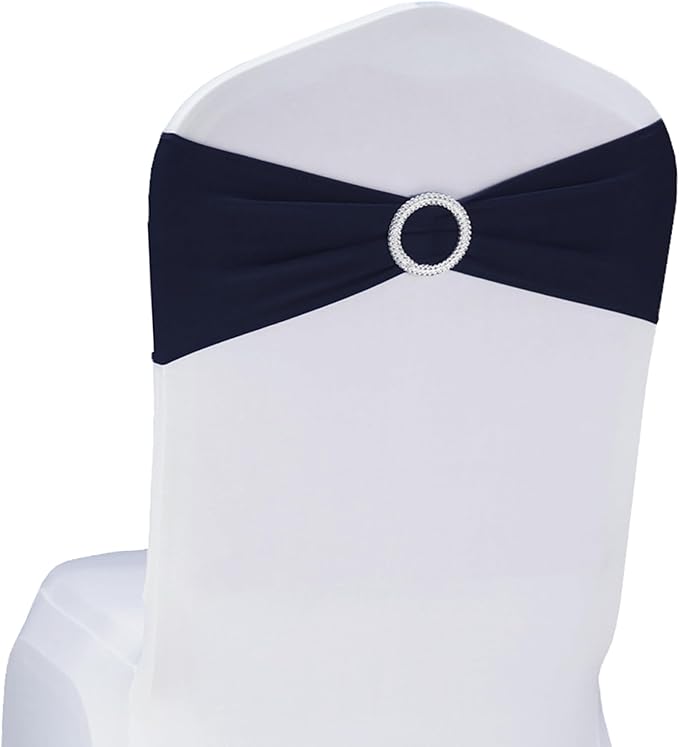 Wedding Navy Blue Chair Sashes 100 Pack Spandex Chair Bands with Buckles Dark Blue Chairs Bows for Party Birthday Bridal Shower Engagement Anniversary Outdoor Event Decorations