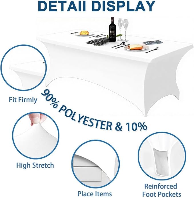 10 Pack 8FT Rectangular Spandex Tablecloth,Wrinkle Resistant Fitted Cover for 96x30 inch Banquet Table Cloth, Washable Stretch Fabric for Party, Events, Wedding, Vendor - White