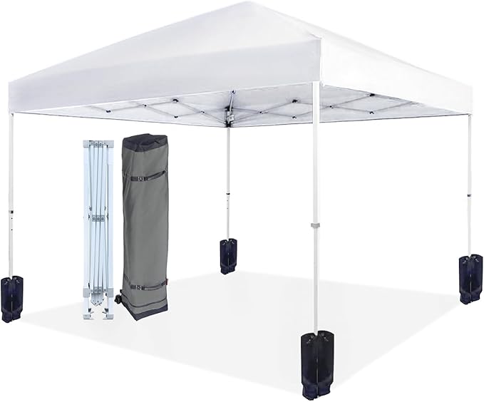 Amazon Basics Outdoor Pop Up 10 x 10 Canopy Tent for Events, Portable with Easy Setup, Sun Shelter, Includes Wheeled Carry Bag, 8 Pegs, 4 Ropes, 4 Weighted Bags, White