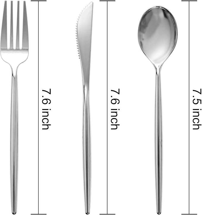 SUT 150Pcs Silver Plastic Silverware Set, Heavy Duty Disposable Cutlery Includes 50 Forks, 50 Spoons and 50 Knives for Party, Wedding and Catering