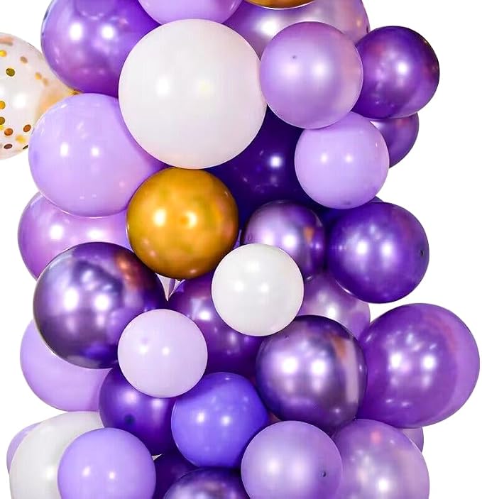 63 PCS Purple Gold Birthday Party Balloons Decoration for Girl Women | with Photo Backgrounds Backdrops, Happy Birthday Sign Banner Cloth, Confetti Balloon