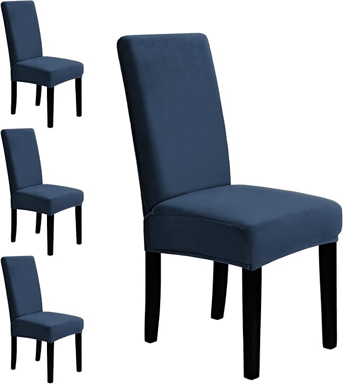 MOSAYT Velvet Stretch Chair Covers for Dining Room Set of 4 - Soft Slipcovers with Thick Removable Fabric for Parsons Chairs, Washable Seat Protectors for Kitchen, Banquet & Home Decor, Navy Blue
