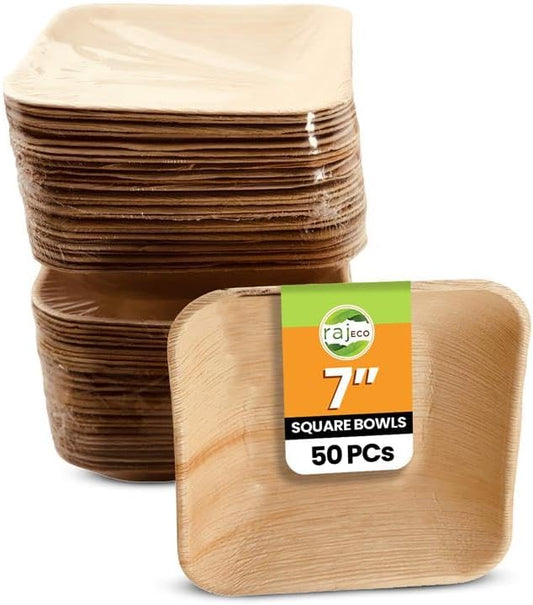 Raj Palm Leaf Plates, [50-Pack] 7" Square Bowls like Bamboo plates Disposable, Strong, Decorative Compostable Tableware for wedding, Lunch, Dinner, Birthday, Camping, Outdoor BBQ, Picnic