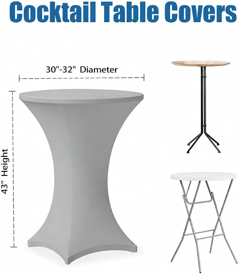 Cocktail Table Covers - 2 Pack 32x43 Inch Table Cloth - Light Grey Fitted Stretch Spandex Round High Top Tablecloth for Party, Bar, Birthday, Pub, Banquet