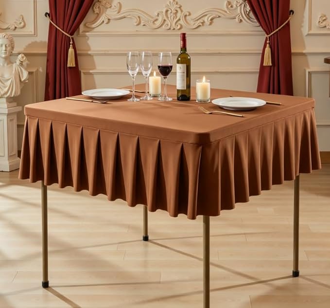 Shillance 60x60 Inch Brown Spandex Square Tablecloth, Wrinkle Free Brown Fitted Table Cloth for Square Tables,Washable Pleated Table Cover for Wedding Birthday Cocktail Party Buffet Dinner Camping