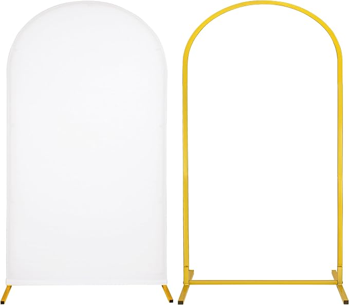 Metal Arch Stand and Cover Set,1 White Spandex Fitted Backdrop with 1 Gold Wedding Arched Stand Frame for Parties Birthday Baby Shower Bridal Banquet Decoration (7.2FT)