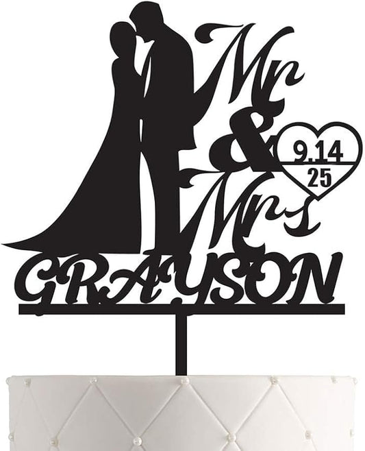 Personalized Mr. & Mrs. Wedding Cake Topper – Custom Bride & Groom Cake Decoration – Elegant Wedding Décor, Anniversary, Engagement Party (Design 7 (IND101), Black Acrylic)