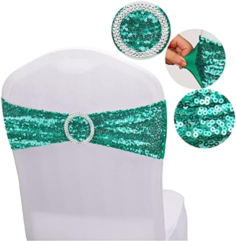 Sequin Chair Sashes Spandex, Pack of 20 Sequin Stretch with Buckle Chair Bands for Wedding Banquet Birthday Graduation Party Anniversary Prom Celebration Chair Decorations (Teal, 20pcs)