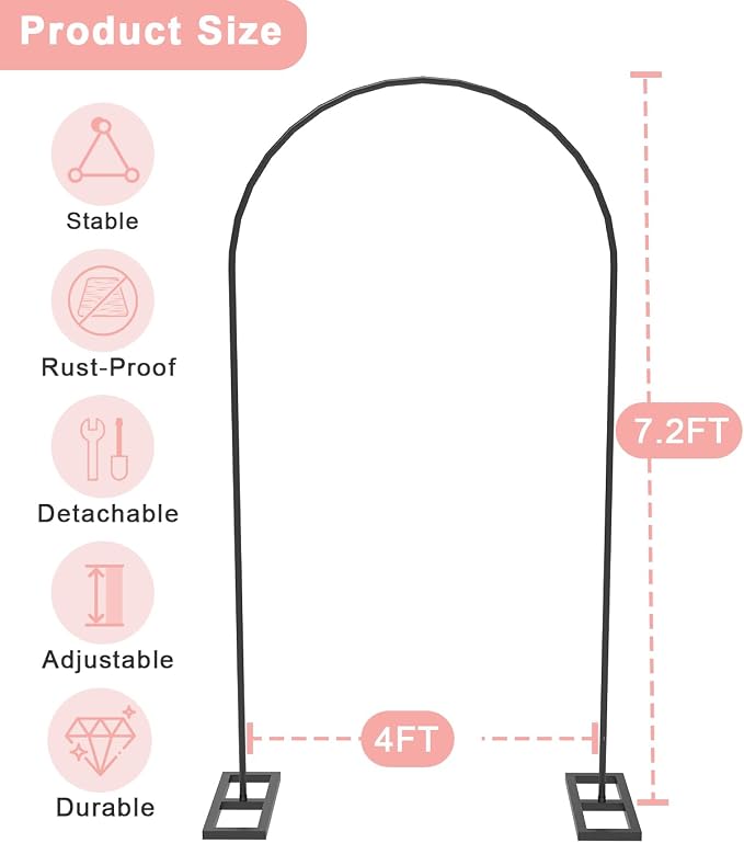 Queension 7.2FT Arch Backdrop Stand, Metal Wedding Arch Stand for Ceremony, Backdrop Stand Arch Frame with Base for Birthday Party Baby Shower Balloon Arch Decorations, Black