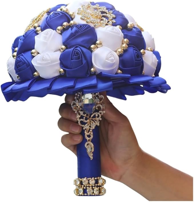 Royal Blue and White Bridal Wedding Bouquet with Gold Brooch Rhinestone Pearl Satin Rose Flower Bouquet for Bride Bridesmaid Quinceanera Wedding Royal Blue and White 9.5in