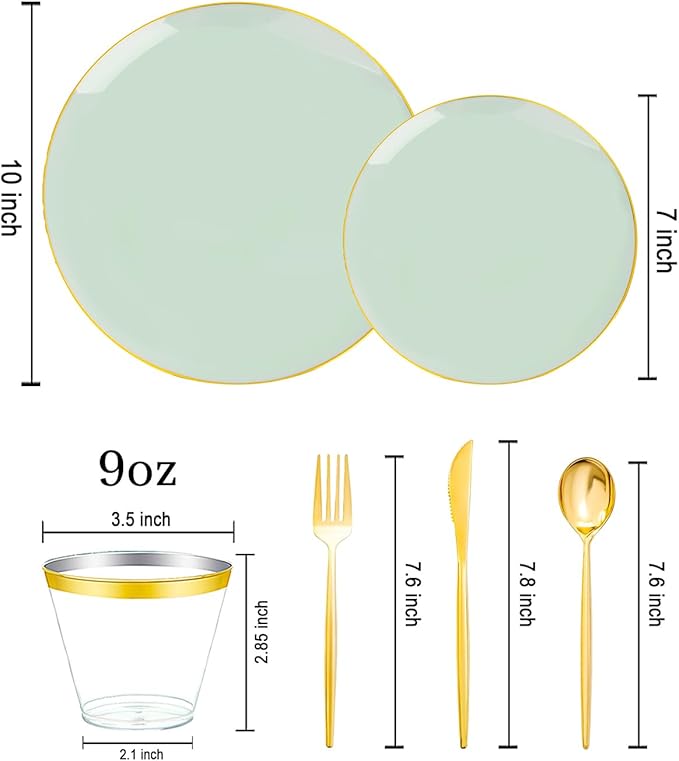 bUCLA 150PCS Green Plastic Plates - Sage Green with Gold Rim Disposable - Include 25 (Dinner & Dessert) Plates, 25 Knives, 25 Forks, 25 Spoons and 25 Cups for Party, Birthday & Spring