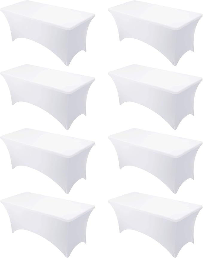 8-Pack Premium White Spandex Tablecloths for 6ft Rectangle Tables, Stain & Wrinkle-Resistant, Washable Stretch Polyester Fitted Table Cover for Weddings, Banquets, Trade Shows Events
