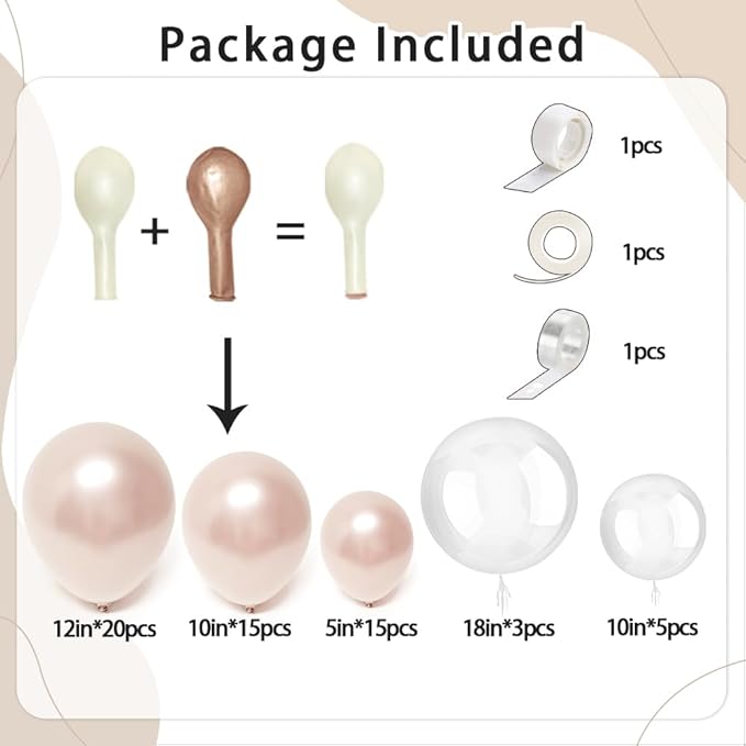 Pearl Balloon Arch Double Stuffed Pearl Rose Pink Metallic Balloon Garland Kit Different Sizes 12/10/5in With Clear Bobo Balloons for Birthday Wedding Bridal Baby Shower Engagement Party Decor