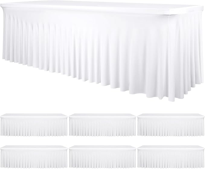 6 Packs White Stretch Table Skirts for 8 Foot Rectangle Table, Washable Spandex Stretch Tablecloths with Skirt, Wrinkle Resistant Fitted Tablecover for Wedding Party Banquet