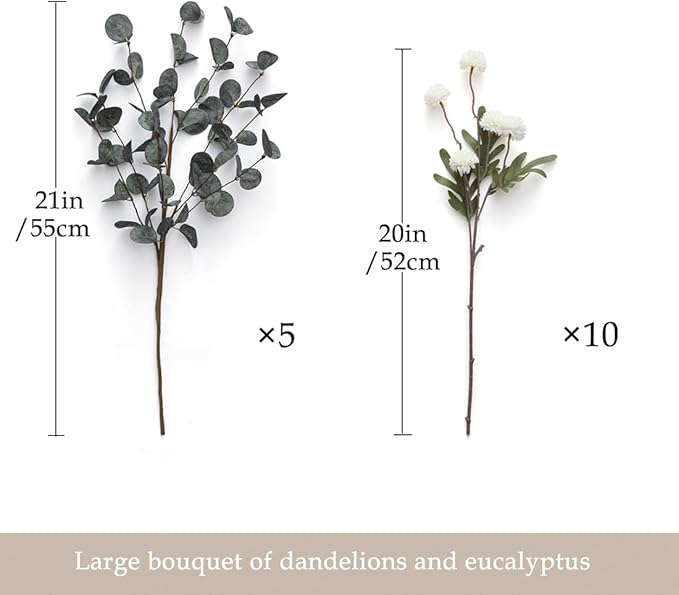 Laelfe 10 Kiku Artificial Flowers + 5 Large Eucalyptus Branches, Silk Fake White Flowers Pompon Mums (Ball Flower Stems) - Decor for Home, Centerpieces & Shower Arrangements(Vase not Included)